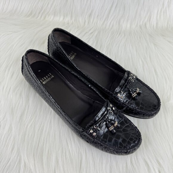 Women's Stuart Weitzman Genuine Leather Croc Embossed Tassel Loafer Sz 9M Black - Picture 3 of 7